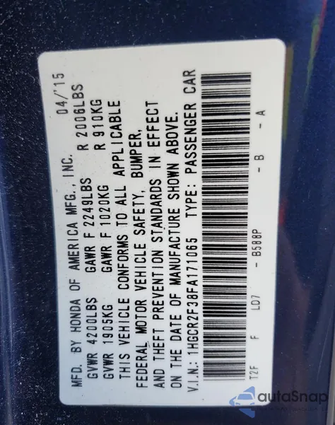 2015 Honda Accord Lx from USA, damaged, VIN 1HGCR2F38FA171065